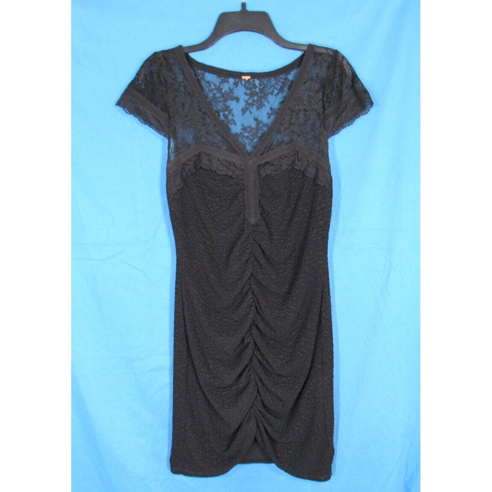 FREE PEOPLE Lace Envy BLACK Stretch RUCHED V-Neck LBD Bodycon MINI DRESS Sz S
